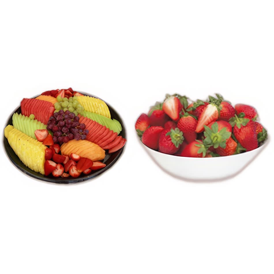 A medium fruit platter featuring in season strawberries and grapes.