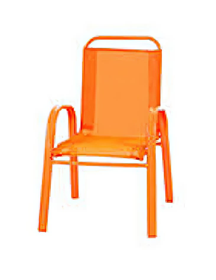 A vibrant orange plastic chair on a clean white background.