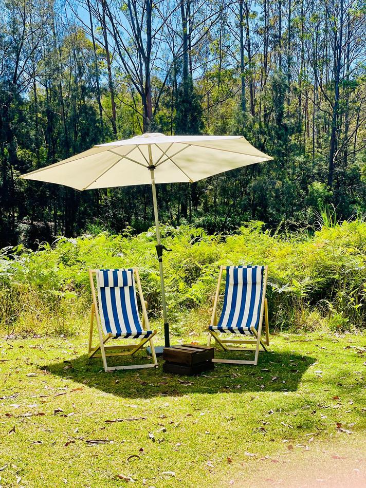 Two Deck Chairs under an umbrella in a grassy area.
