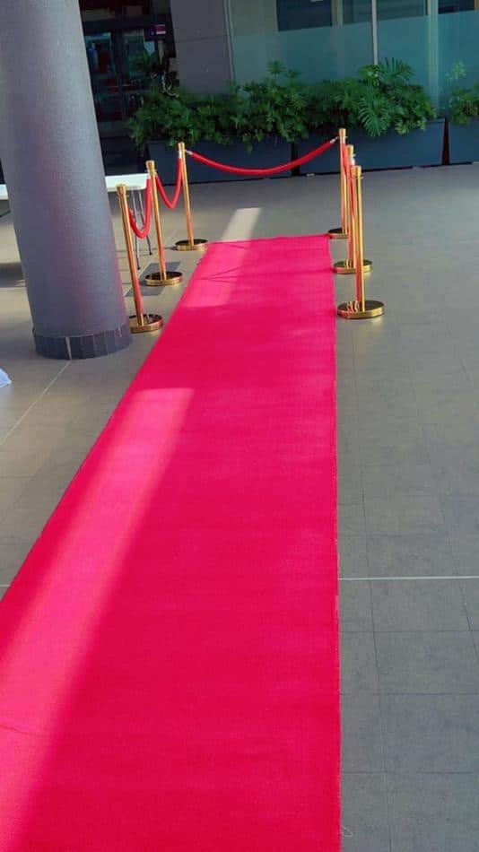 A stunning 6m long red carpet welcoming guests in front of a building.