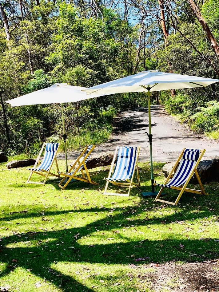 Three deckchairs with market umbrellas on a grassy area for hire.