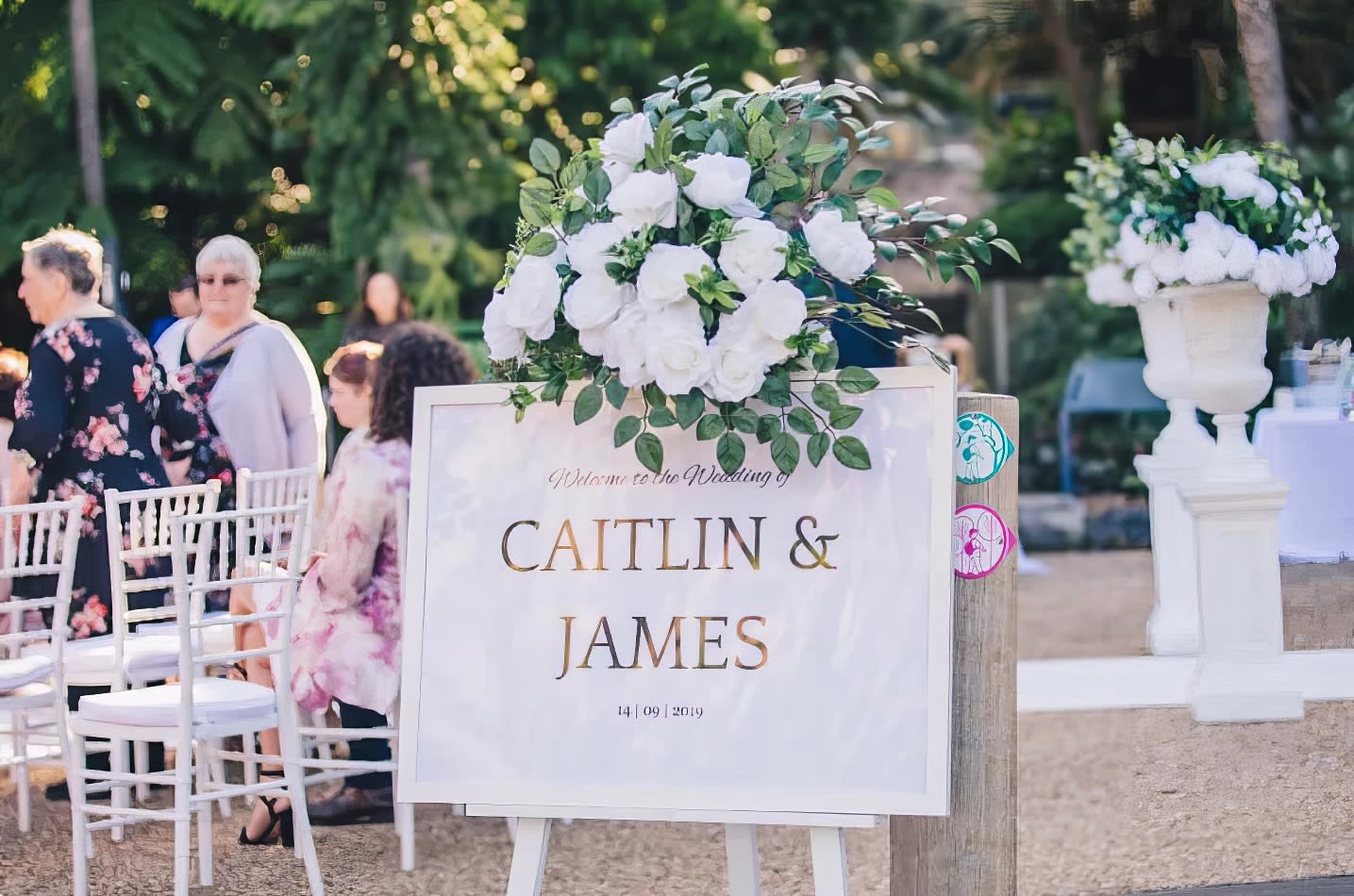Caitlin & James wedding sign featuring a white wooden easel for hire.