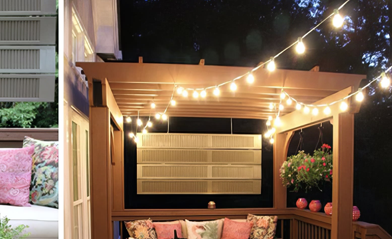 Two pictures of a porch adorned with string lights and pillows, featuring Festoon Light Hire - 10m.