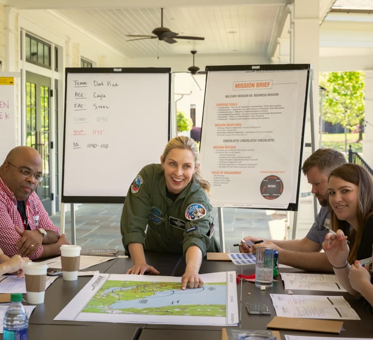 A female fighter pilot leading a team building class