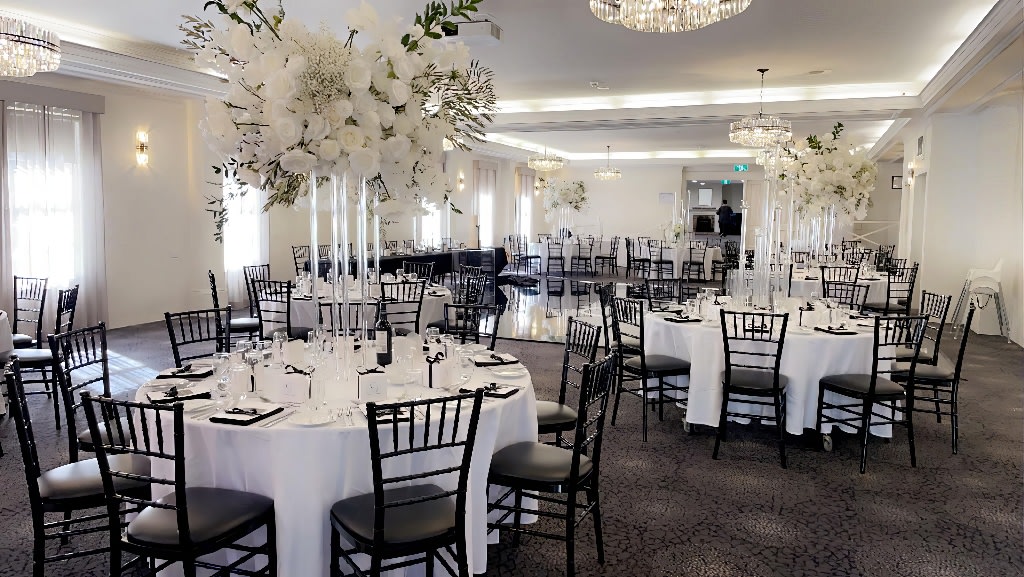 Black themed wedding reception setup