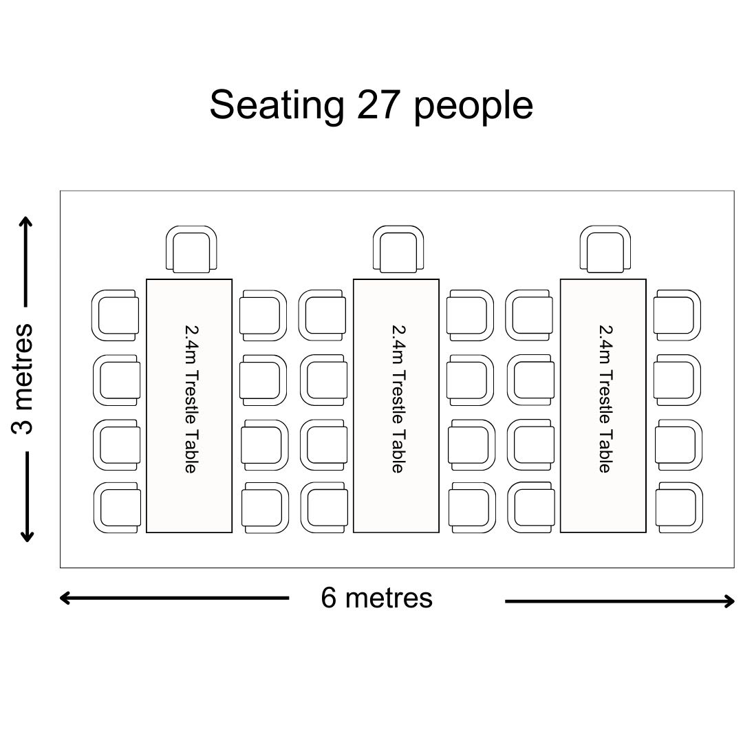 Seating arrangements for 27 people in a marquee