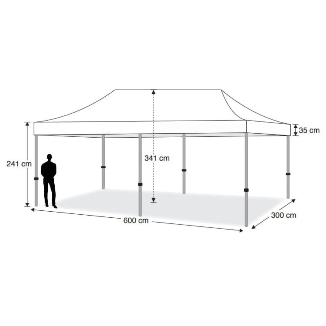 A 3mx6m pop-up marquee dimension chart for seating