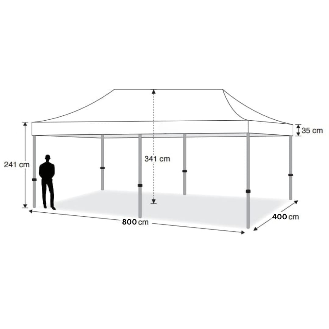 A 4mx8m pop-up marquee dimension chart for seating