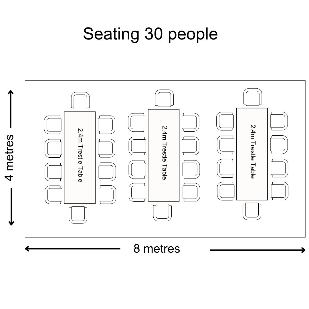 Marquee seating arrangements for 30 people