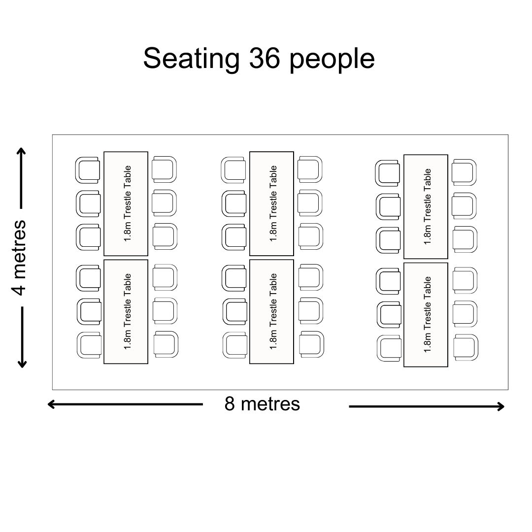 Seating arrangements for 36 people in a marquee