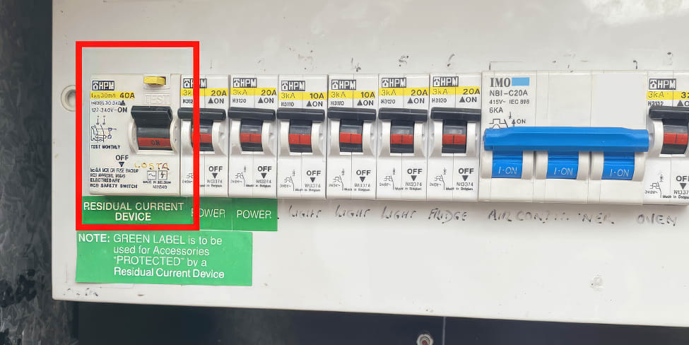 An RCD switch in an Australian switchboard