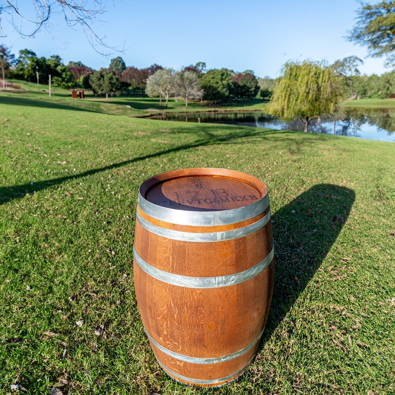 A close-up view of our walnut brown wine barrel for hire