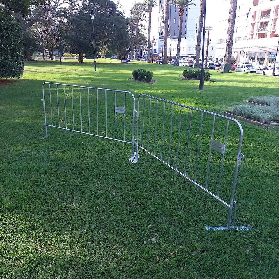 Crowd control barriers joined together