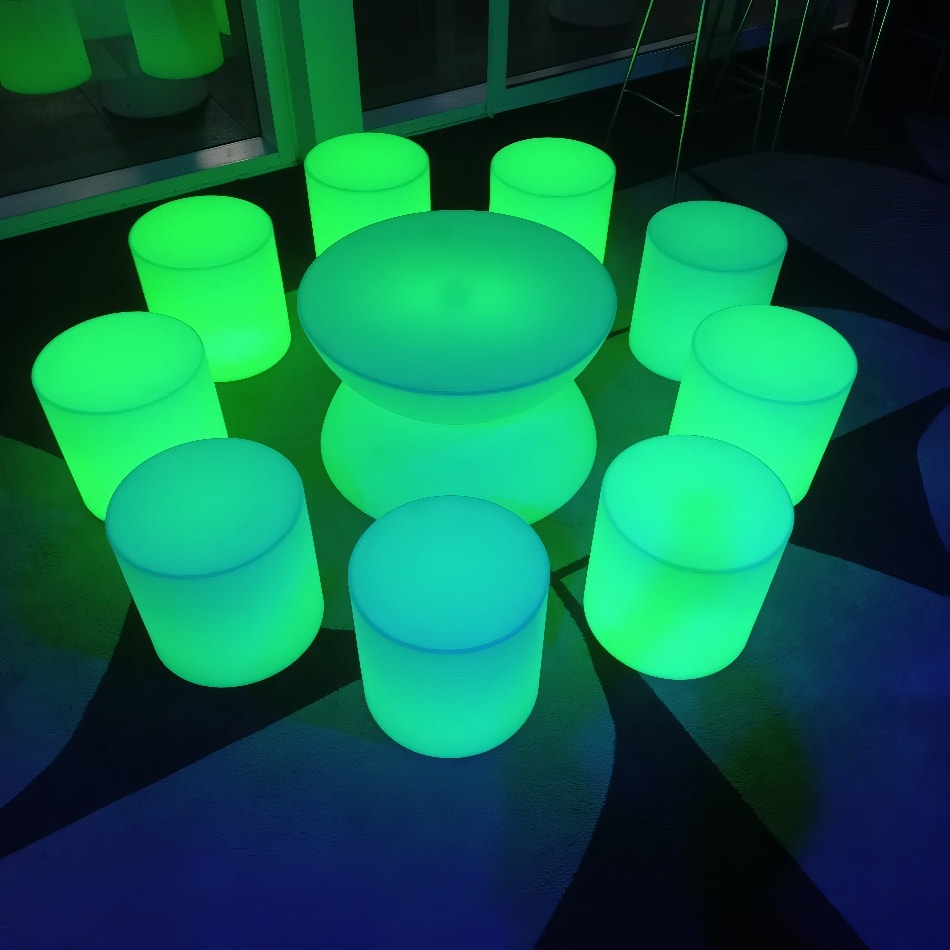 Glow cylinder seats and coffee table