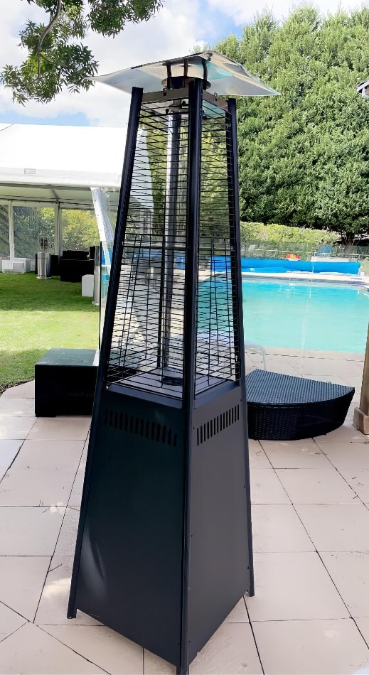 Our pyramid heater in an outdoor pool area