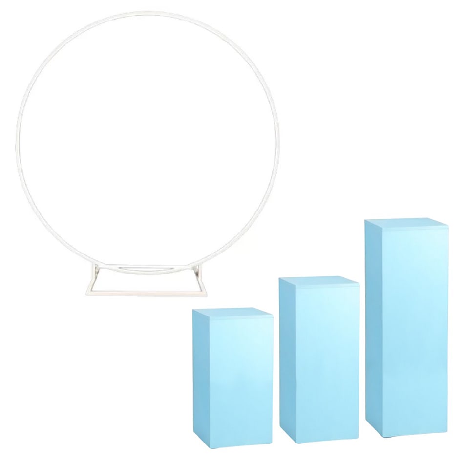 Pkg 3 - White Hoop Backdrop w/ Blue Plinths
