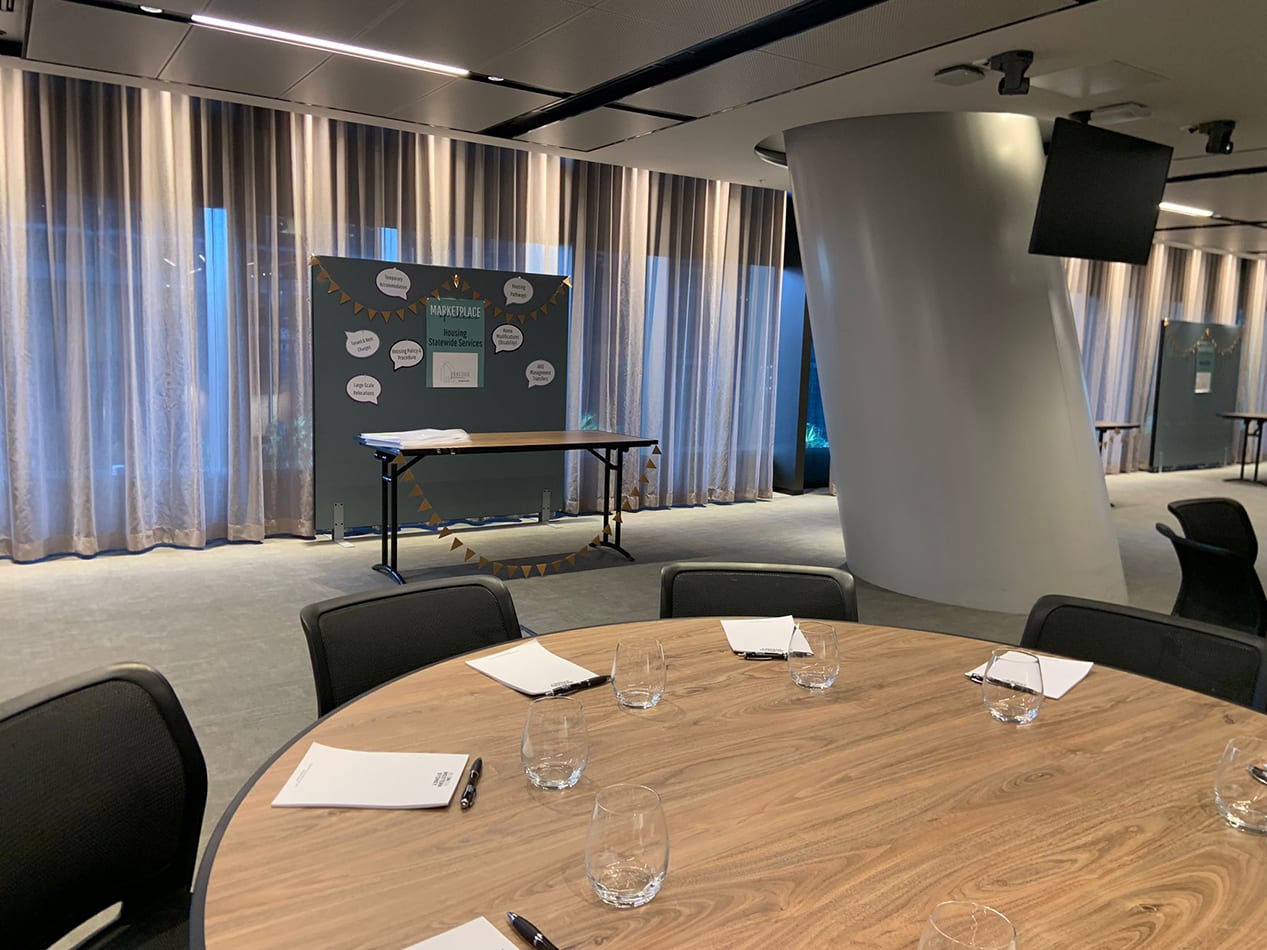 A partition set up for an office meeting