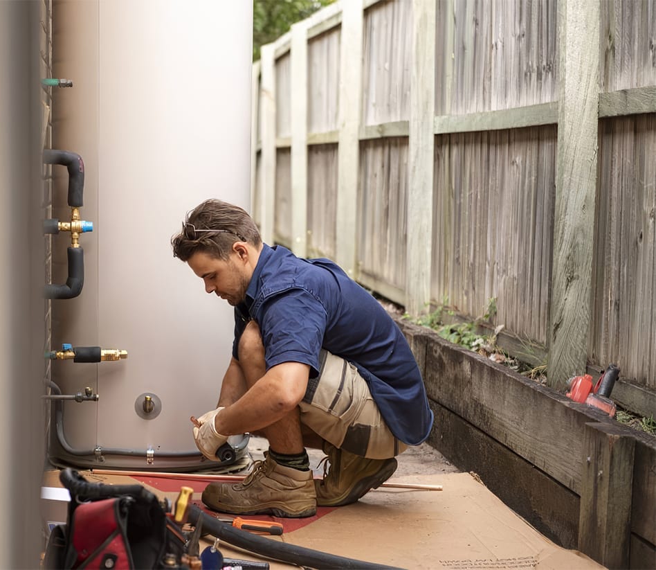 An emergency plumber fixing a hot water system