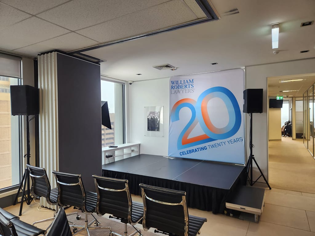 A small speakers' stage for a corporate event