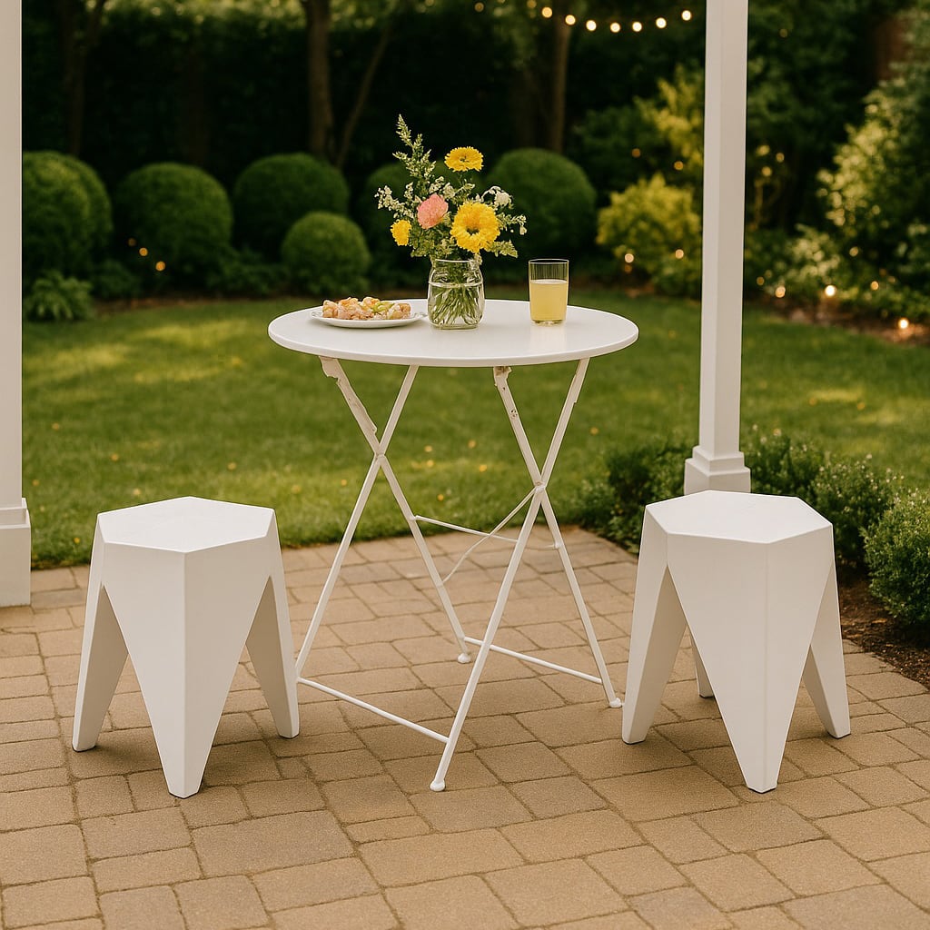 White bistro table styled outdoors with flowers and drinks, paired with white puzzle stools under a pergola with festoon lighting for a relaxed garden event setting.
