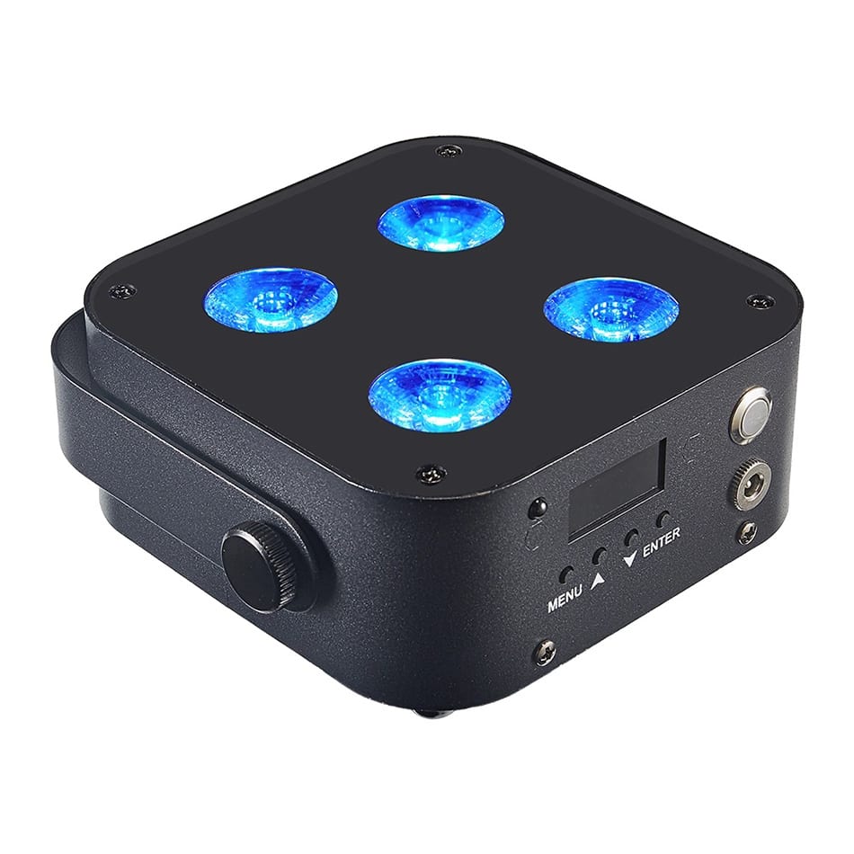 Battery-operated par can light with four blue LED lenses, compact black housing and menu controls, displayed on a white background for product listing.