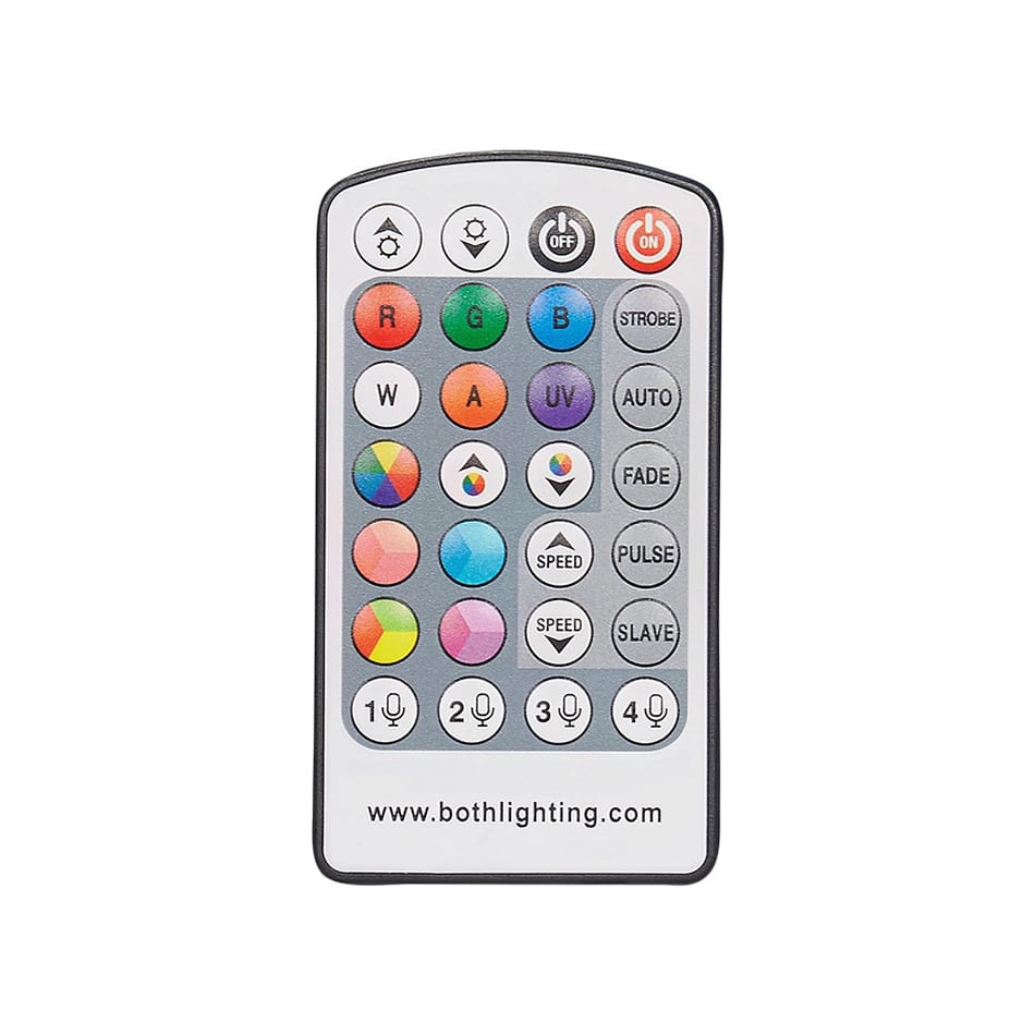 Remote control for par can lighting featuring multi-colour buttons, mode options, speed controls and on/off functions, photographed on a clean white background.