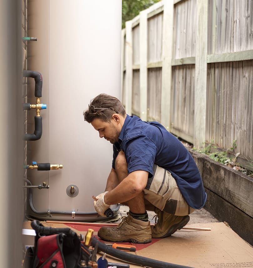 A plumber working on the installation of a heat pump hot water system with connected pipework and fittings