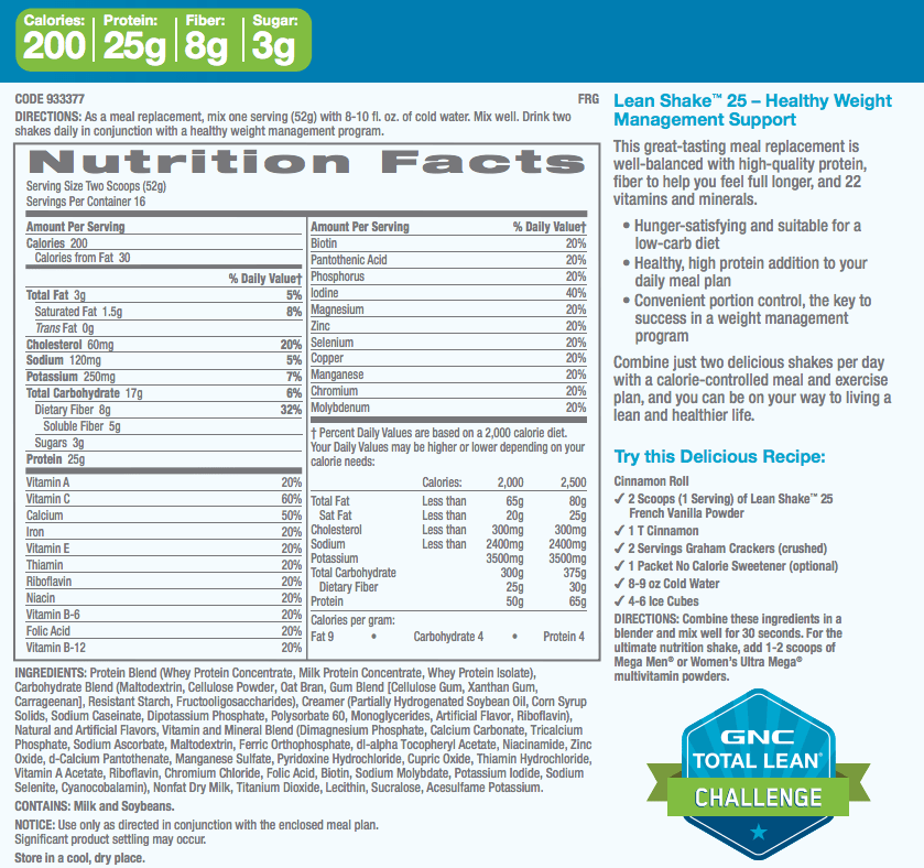 GNC Total Lean Shake Nutrition Label Ingredients