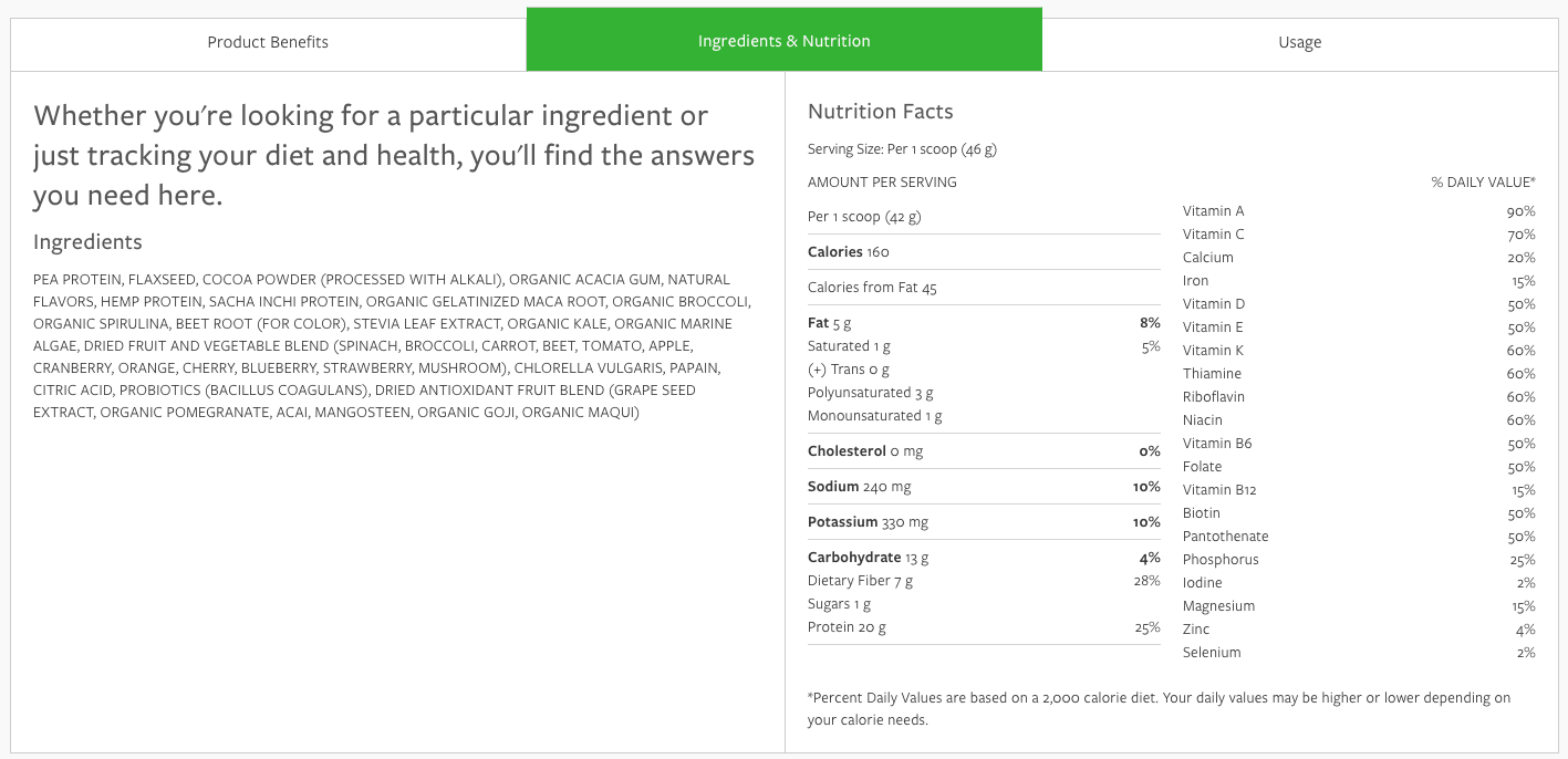 Vega one Nutritional Shake ingredients label