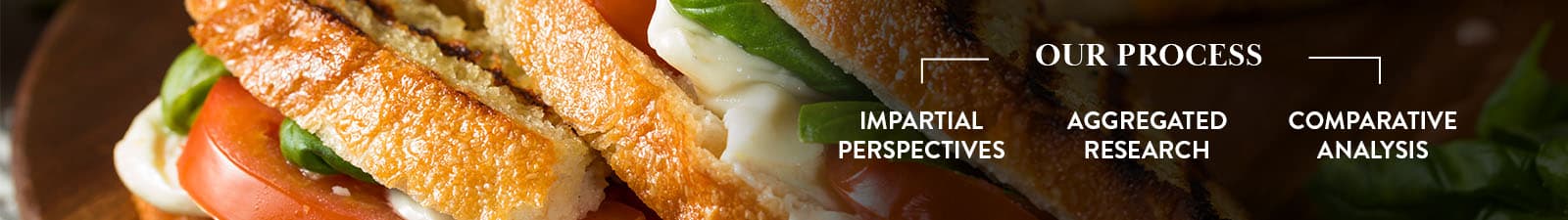 Compare Diets Header - picture of a healthy panini overlaid with a brief note on our process, which includes impartial perspectives, independently sourced, comparative analysis