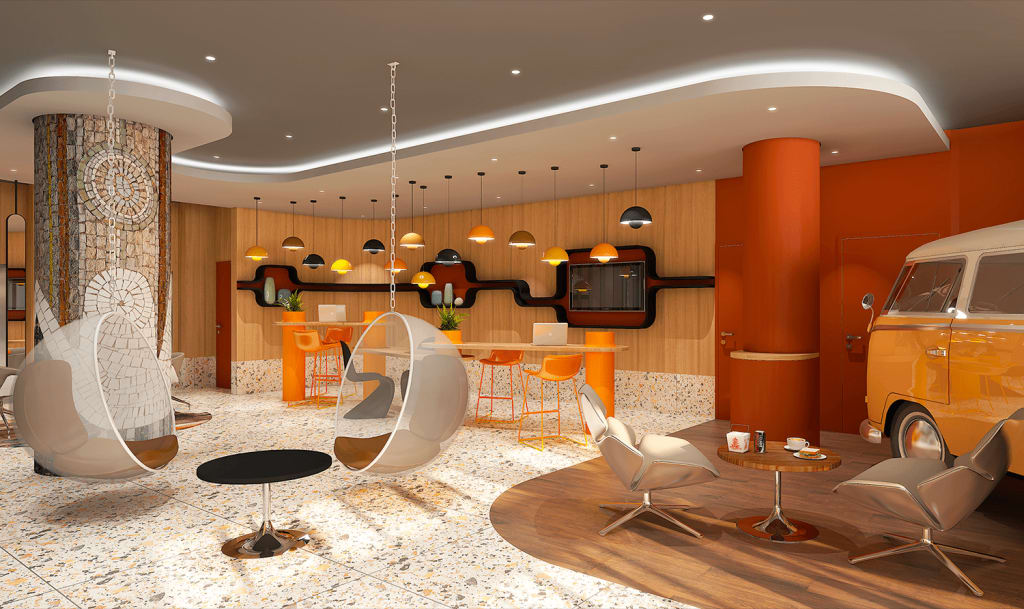 Projet d'agencement et de décoration d'hôtel style rétro, années 70