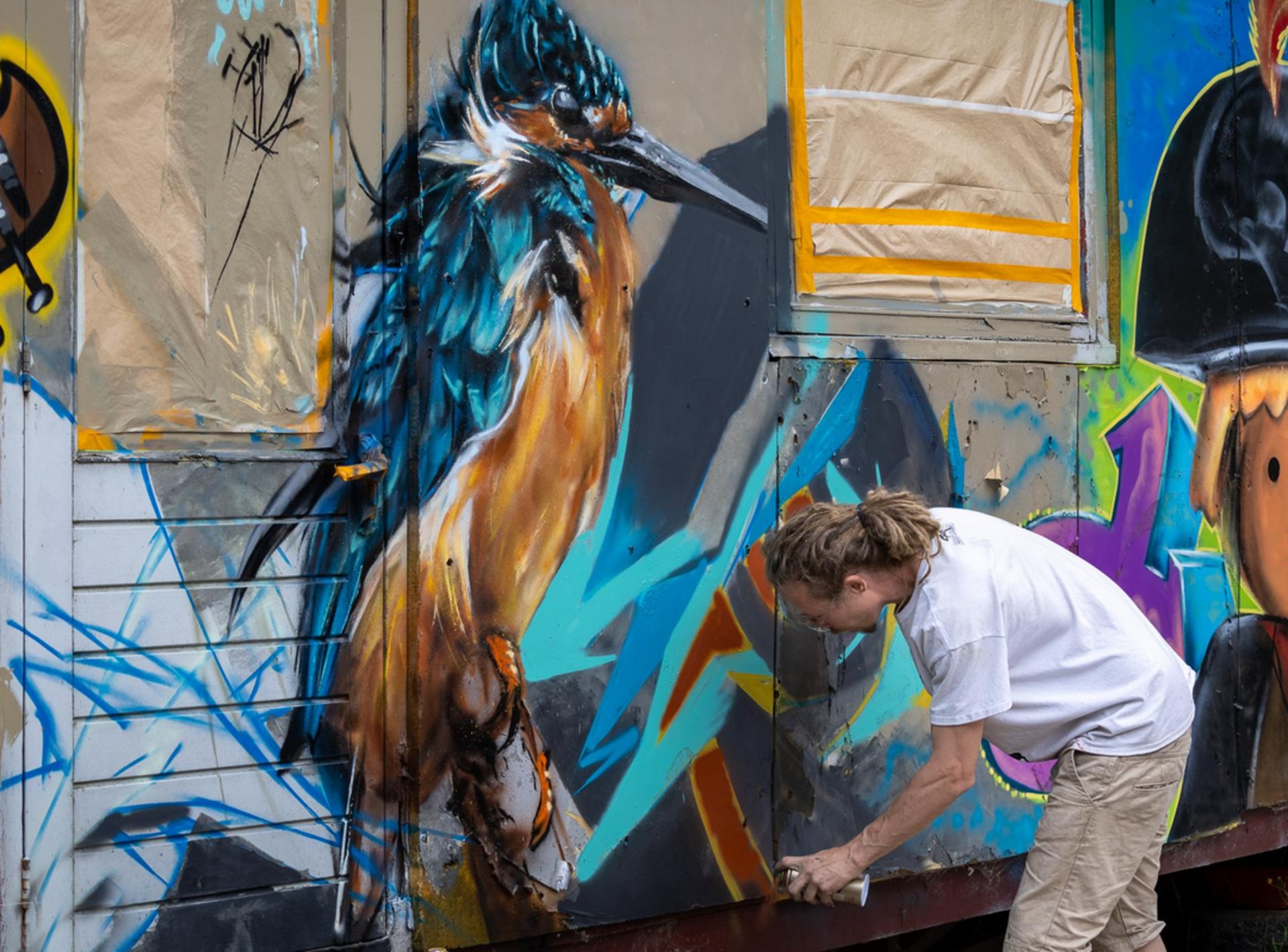 Graffiti van ijsvogel op treinwagon – streetartproject van Optyz tijdens festival Zuiderveen in Winschoten.
