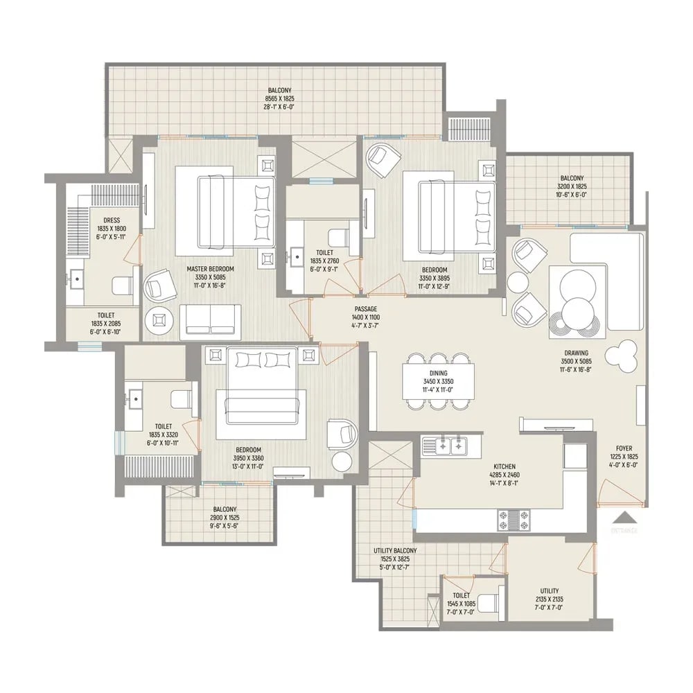 3 BHK apartments floor plan