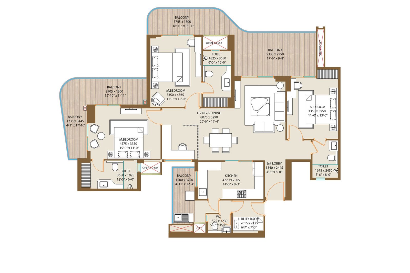 3BHK Apartment floor plan