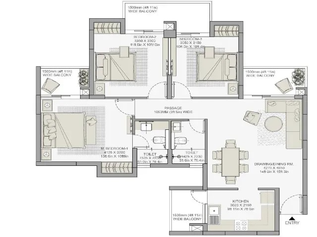 3BHK Apartment floor plan