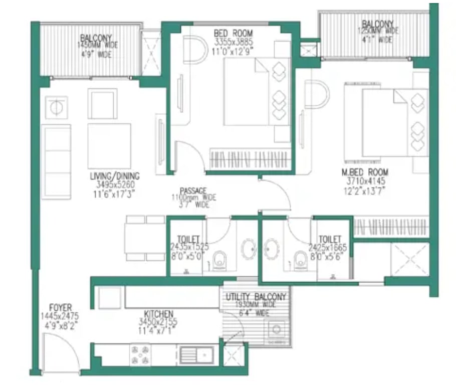 2 BHK Apartment floor plan