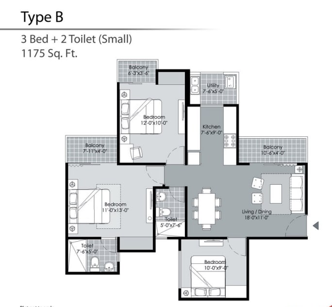 3BHK Apartment floor plan
