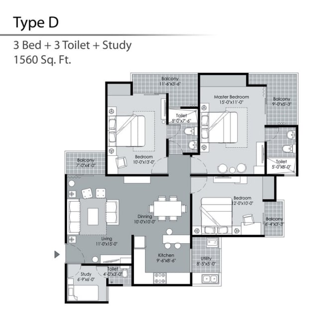 3BHK Apartment floor plan