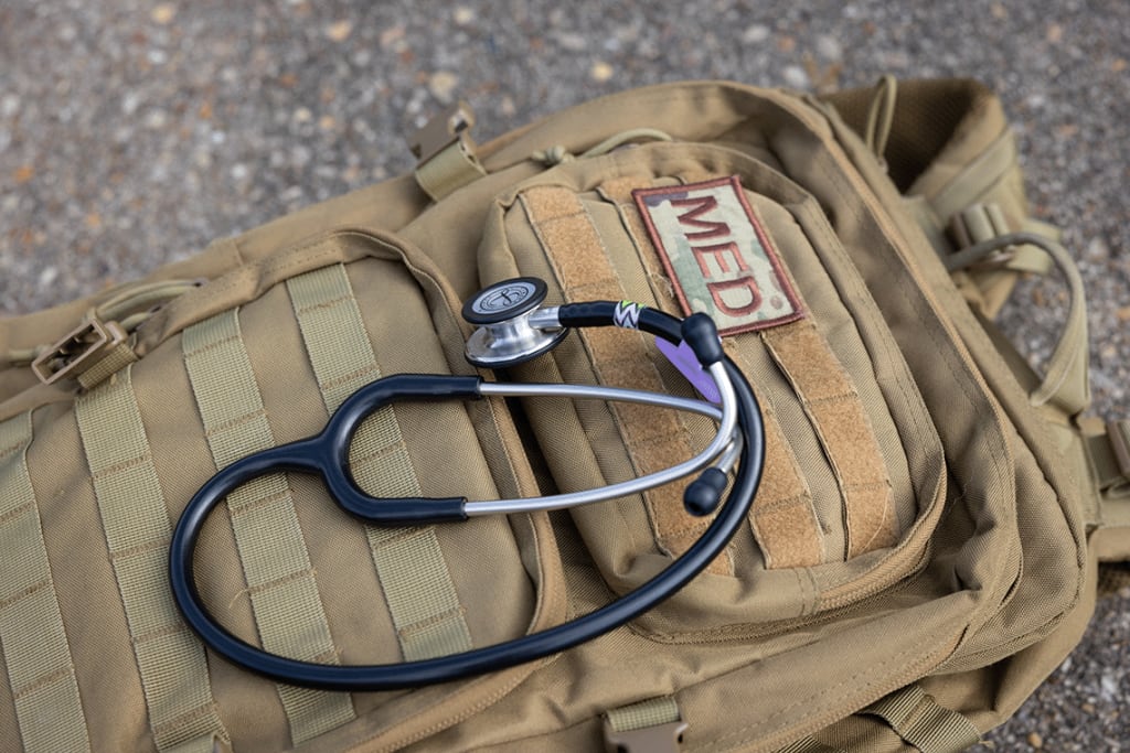 stethoscope sitting on a MED backpack