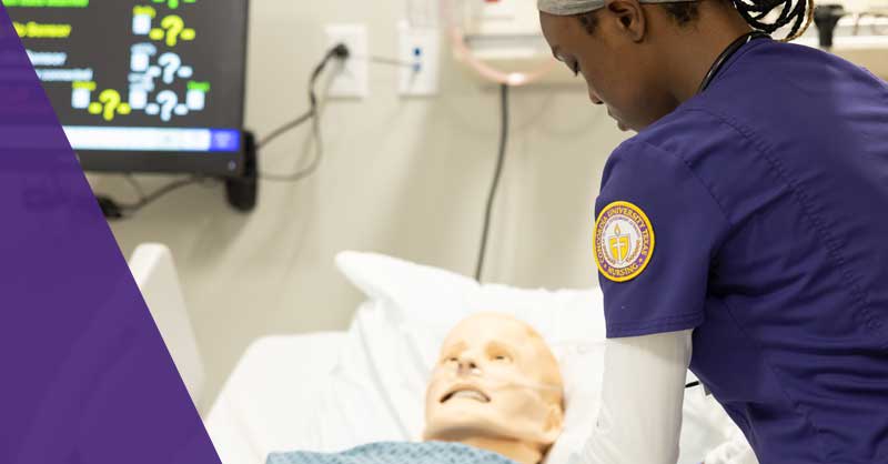 ABSN student working with simulation manikin