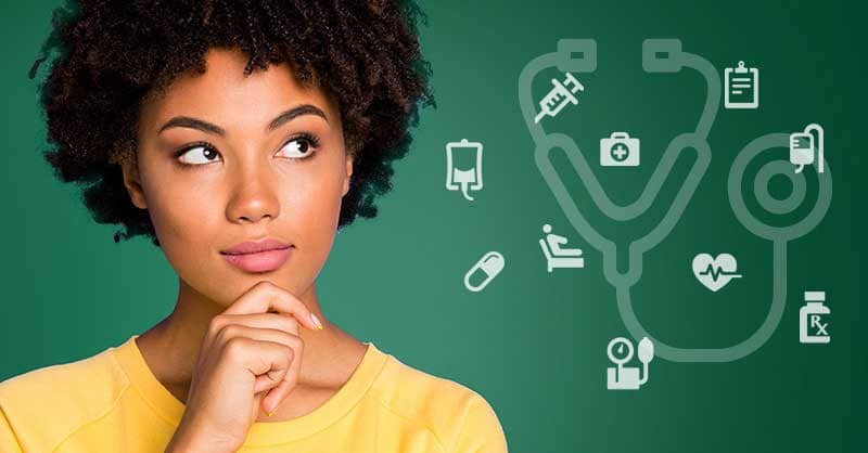 close-up of woman thinking how to choose a nursing program, surrounded by medical icons