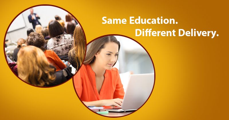 students learning with text "same education. different delivery."