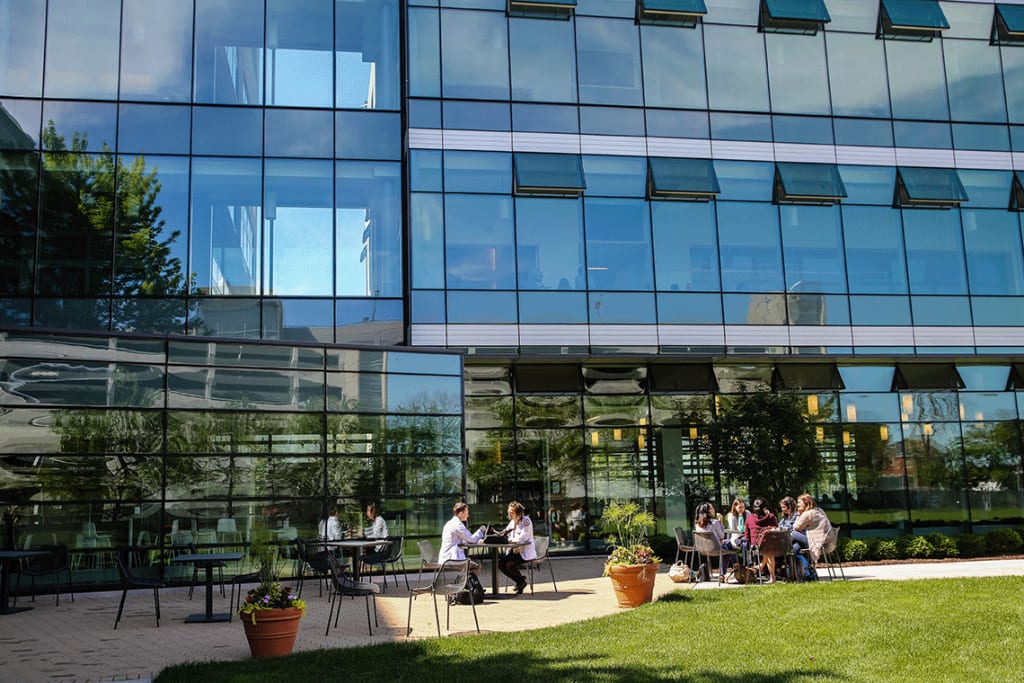 nursing students sitting outside socializing