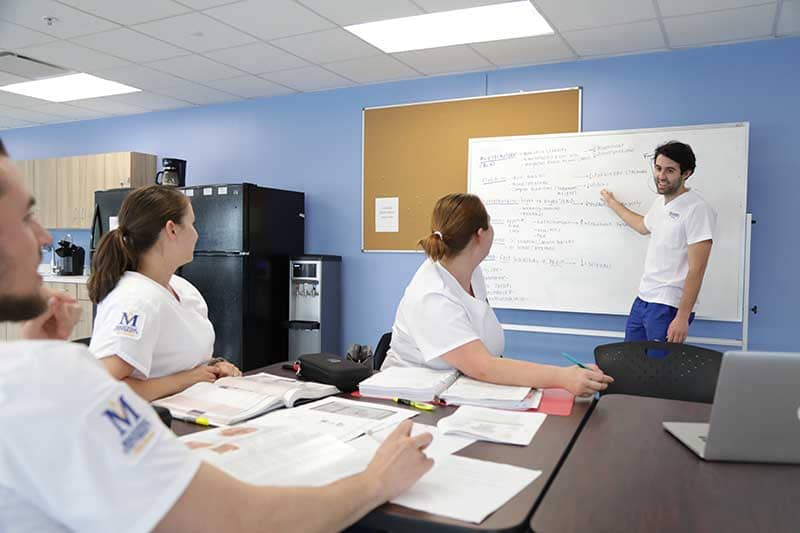 nursing students studying together with whiteboard