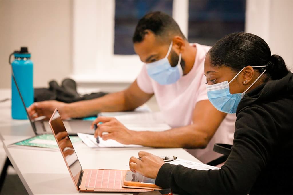 two students studying