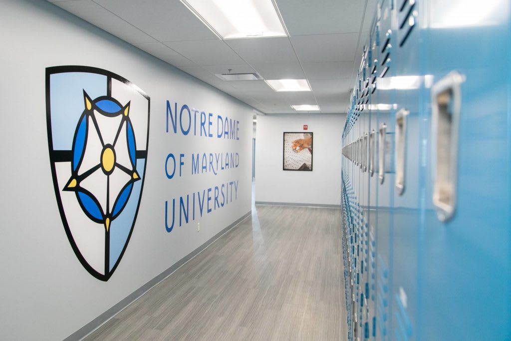 Lockers in a hallway at Notre Dame of Maryland University