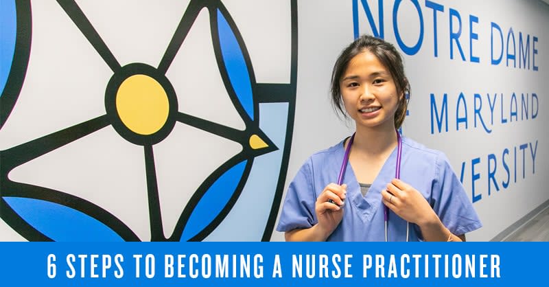 NDMU ABSN student in stethoscope with text "6 steps to becoming a nurse practitioner"