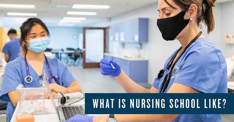 2 NDMU nursing students with text that reads "What is nursing school like?"