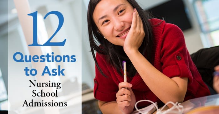 Nursing student studying and smiling with text "12 Questions to Ask Nursing School Admissions"