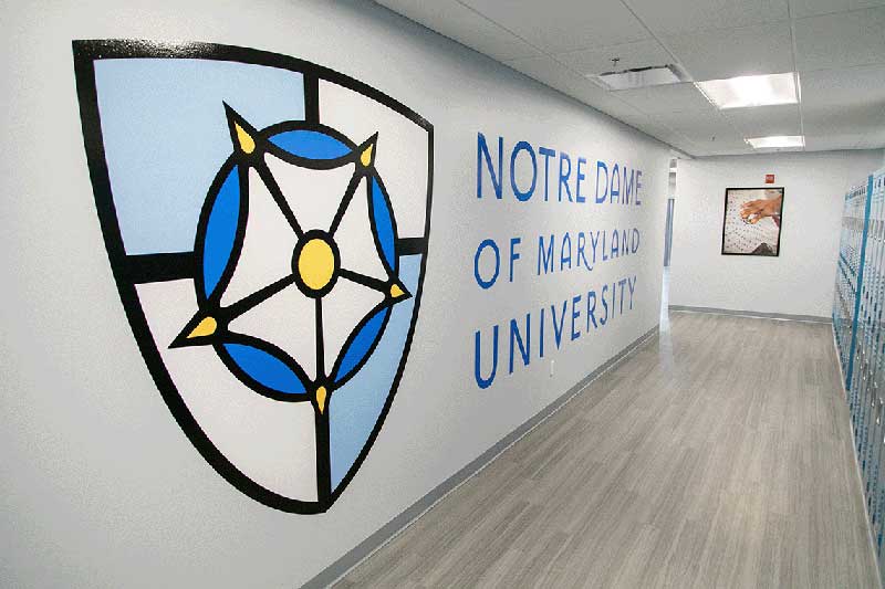 NDMU logo in hallway